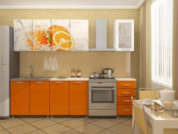 Кухонный гарнитур 1,6м Апельсин (Белый/Оранжевый металлик/Фотопечать апельсин) в Мазульском - mazulskij.mebel54.com | фото